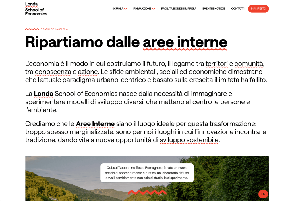 Sezione Scuola del sito Londa School of Economics, con la missione e il territorio delle aree interne dell'Appennino